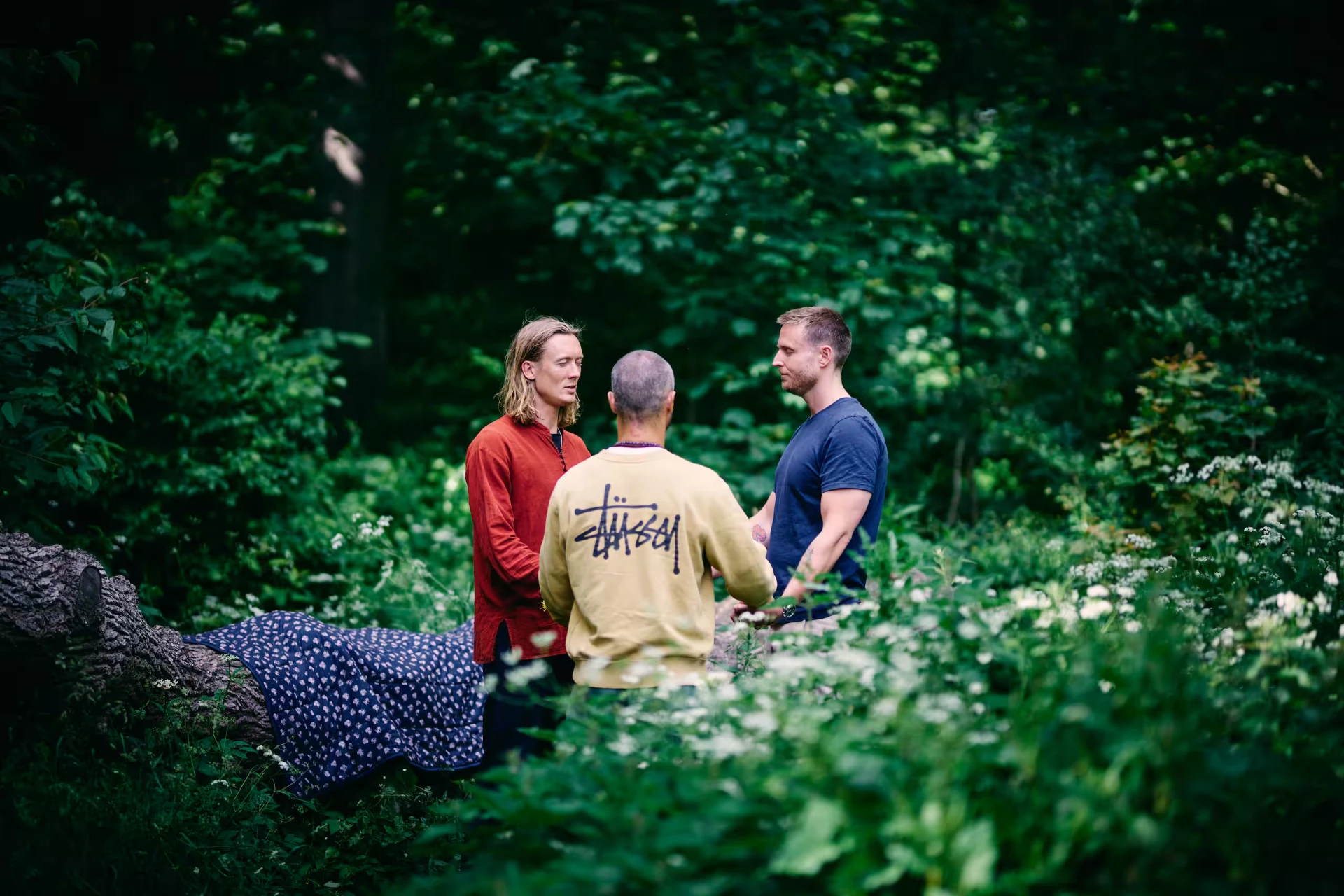 Tre mænd står i samtale i en grøn skov med højt sommerkrat omkring dem.
